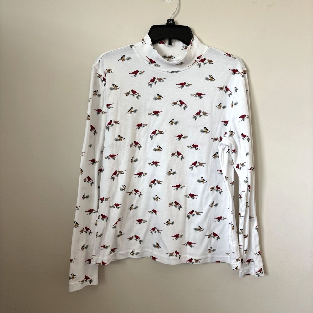 Vtg Rebecca Malone Petite XL Mock neck top Cardinals Birds
